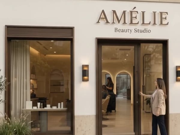 Fachada do AMÉLIE Beauty Studio com cliente abrindo a porta de vidro