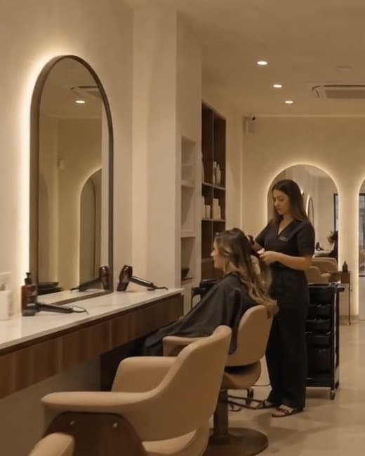 Profissional finalizando o cabelo de uma cliente diante de espelhos em arco com luz indireta